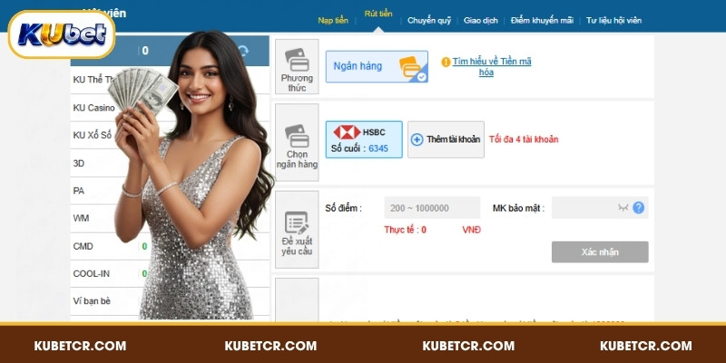 Rút Tiền KUBET Nhanh Chóng Chỉ 10-30 Phút Về Tài Khoản 4 Chọn mục rút tiền và điền số dư muốn quy đổi về tài khoản
