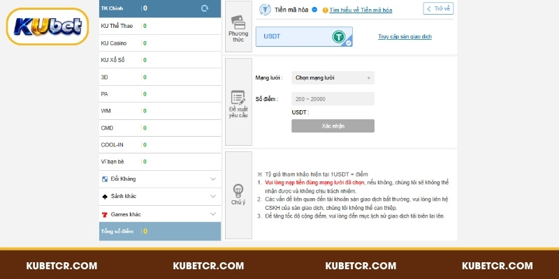 Nạp tiền KUBET bằng tiền điện tử USDT an toàn