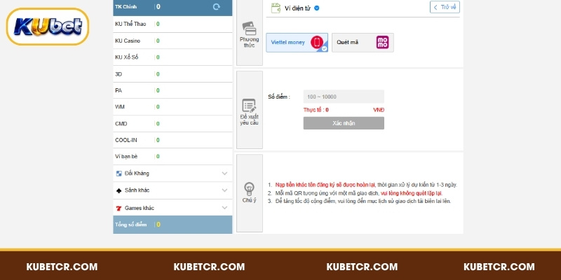 Nạp tiền KUBET thông qua ví điện tử Momo, Viettel Money